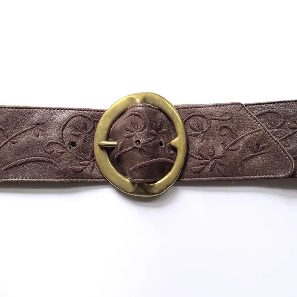 Vintage B-LOW the Belt 34in Oversized Brass Buckle Wide Leather Floral Stitching Vintage B-LOW the Belt 34in Oversized Brass Buckle Wide Soft  main image 3